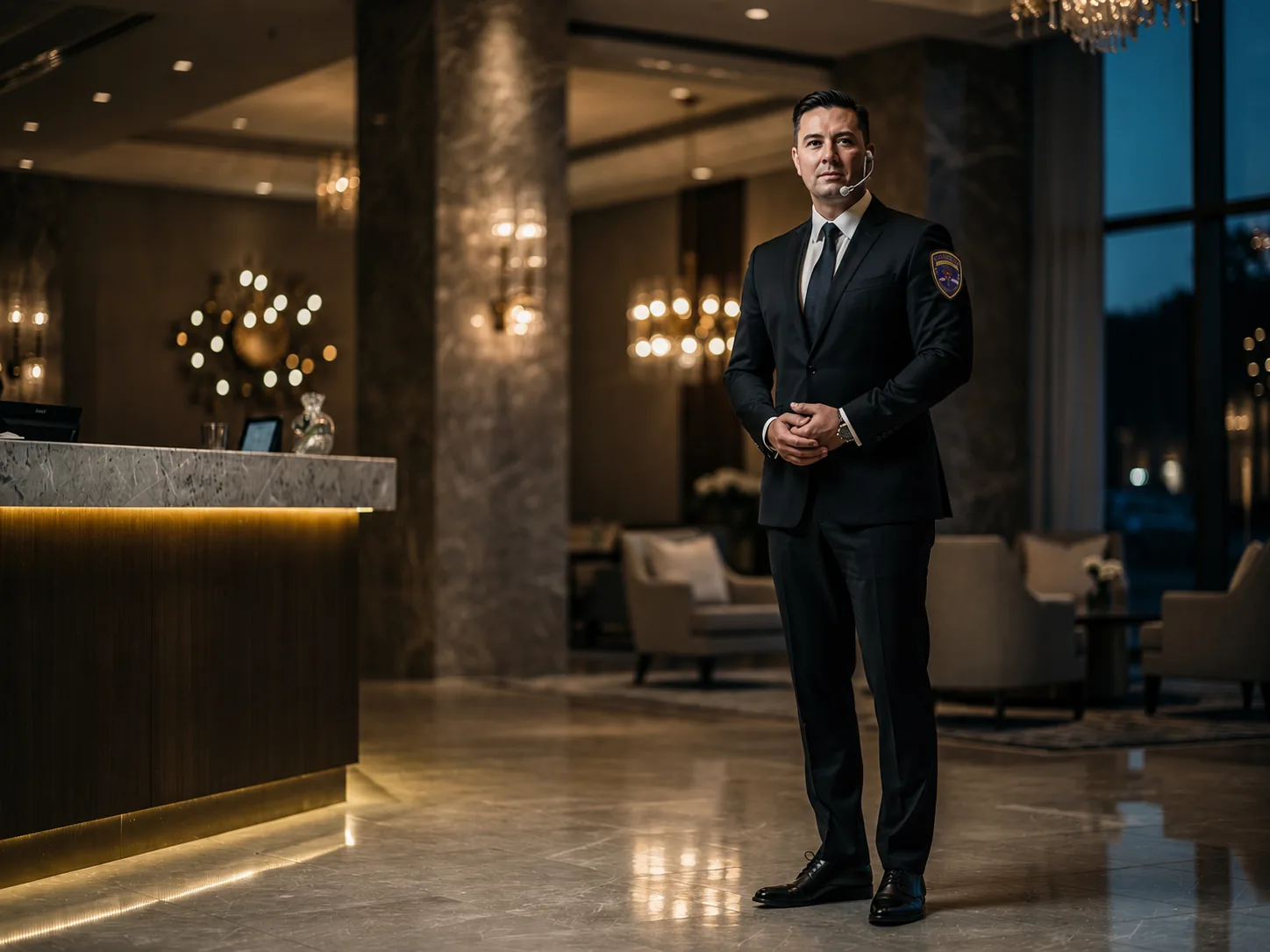 Hotel security officer in professional attire in a hotel lobby